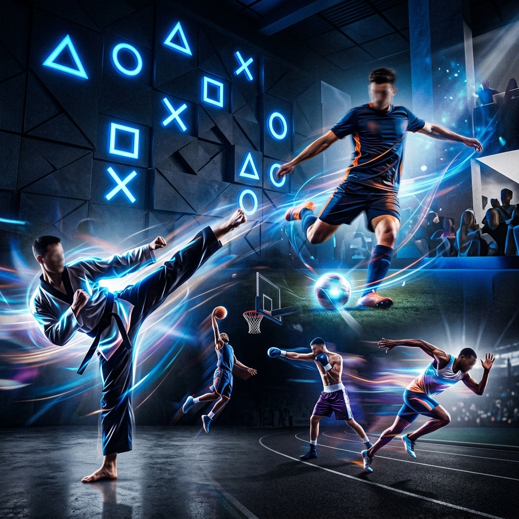 Uma imagem dinamica mostrando elementos visuais dos jogos EA Sports FC 26, Wuchang: Fallen Feathers e Nine Sols, com o logo do PlayStation Plus ao fundo, indicando a disponibilidade dos titulos.
