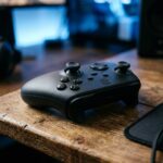 Controle de videogame moderno sobre uma mesa de madeira com iluminacao azul suave ao fundo.