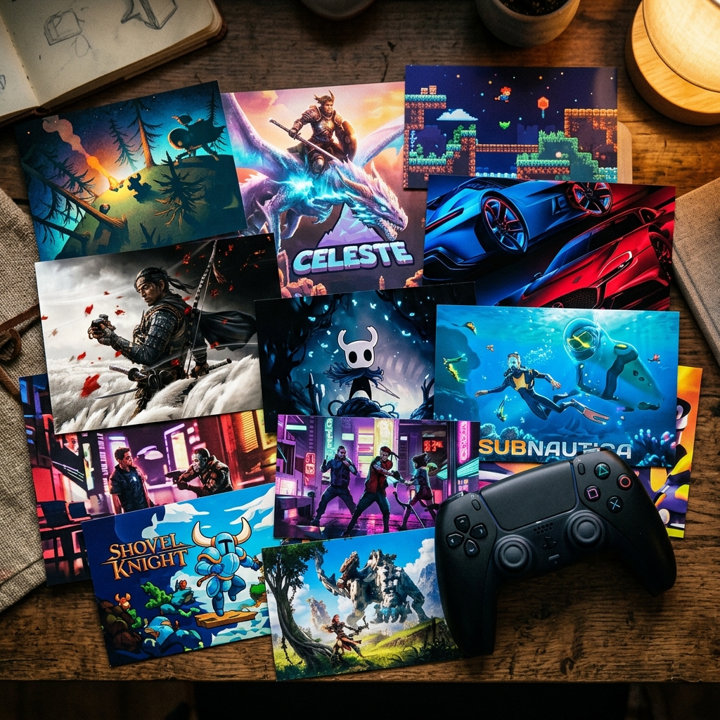 Uma imagem colorida de capa de jogos variados, incluindo titulos AAA e indies, com um controle PlayStation, representando a diversidade do catalogo PS Plus Extra de julho de 2026.