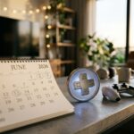Imagem conceitual mostrando o logo do PlayStation Plus com um calendario ao fundo, destacando junho de 2026, simbolizando a espera pelos jogos do catalogo.