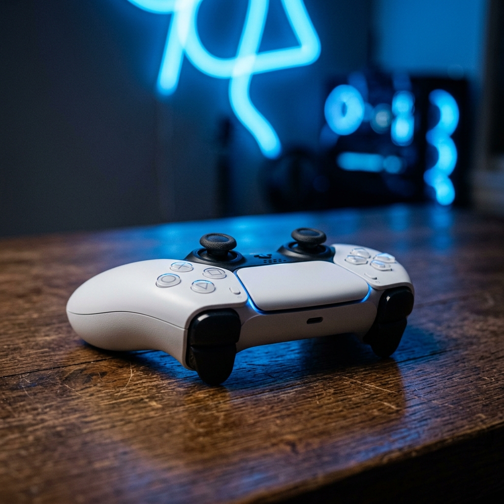 Controle de PS5 DualSense sobre uma mesa de madeira escura com iluminacao suave azul de neon ao fundo, estilo fotografia editorial.