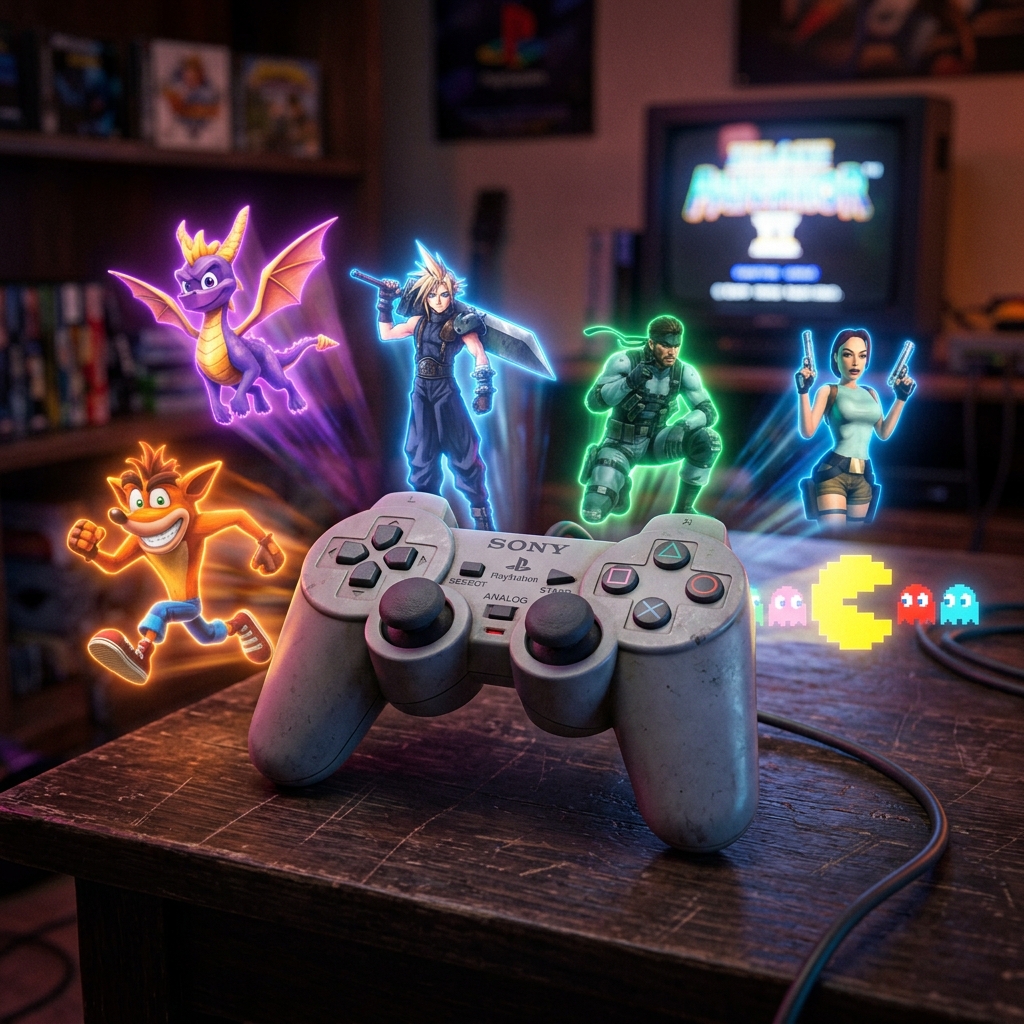 Controle de PlayStation classico com elementos digitais, simbolizando a chegada de jogos retro ao PS Plus Premium de junho de 2026.
