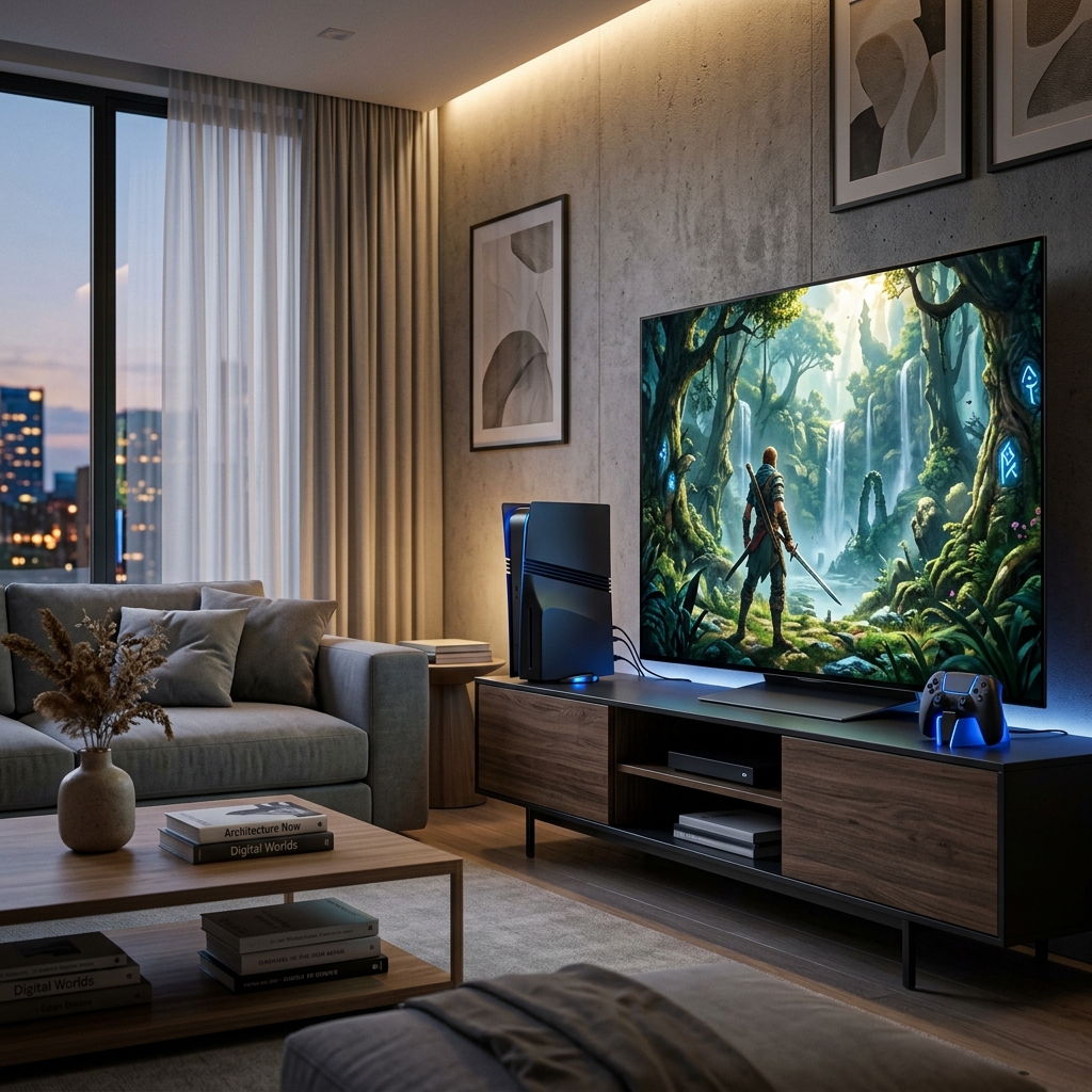 Um console PS5 Pro futurista ao lado de uma TV 4K exibindo um jogo de alta qualidade, em um ambiente moderno.