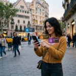 Pessoa utilizando um smartphone com uma aplicacao de realidade aumentada sobrepondo elementos digitais ao ambiente real.