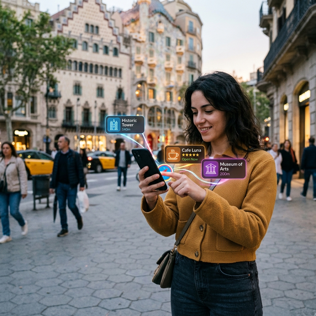 Pessoa utilizando um smartphone com uma aplicacao de realidade aumentada sobrepondo elementos digitais ao ambiente real.