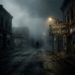 Rua neblinosa e sombria que evoca a atmosfera de Silent Hill, com o logo classico do PlayStation ao fundo, simbolizando misterio e nostalgia.