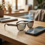 Oculos inteligentes futuristas apoiados em uma mesa de madeira ao lado de um smartphone, com uma leve interface holografica brilhando ao fundo.
