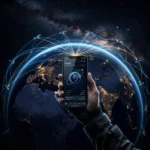 Um smartphone recebendo sinal de um satelite no espaco, com uma paisagem remota e natural ao fundo, simbolizando a conectividade em areas sem cobertura.