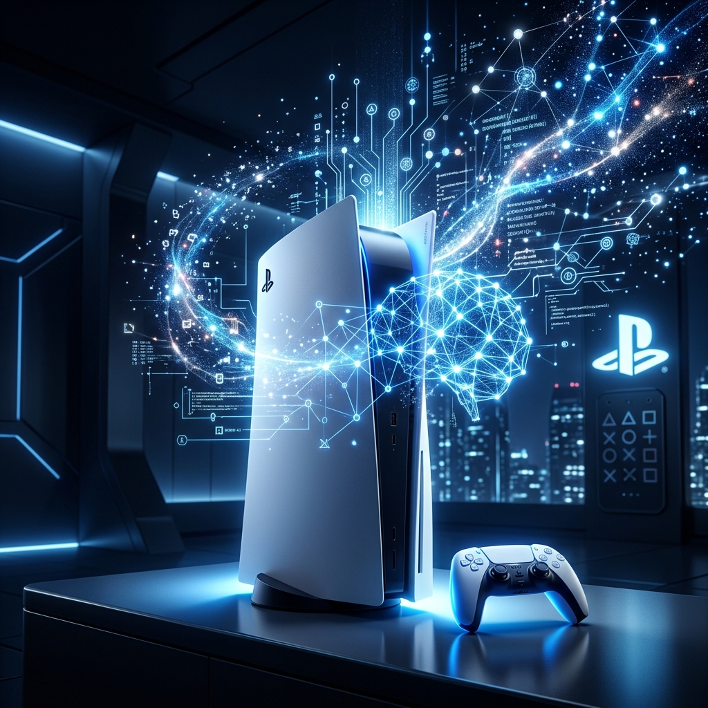 Um controle de PlayStation 5 em um ambiente futurista, com elementos visuais abstratos de inteligencia artificial generativa ao redor, sugerindo inovacao no desenvolvimento de jogos.