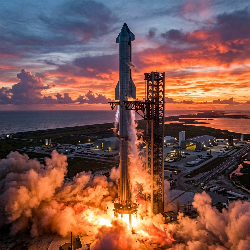 Lancamento do mega-foguete Starship V3 da SpaceX a partir da base em Starbase, Texas, durante o entardecer.