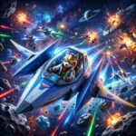 Nave espacial moderna em combate no espaco sideral, remetendo ao universo Star Fox.