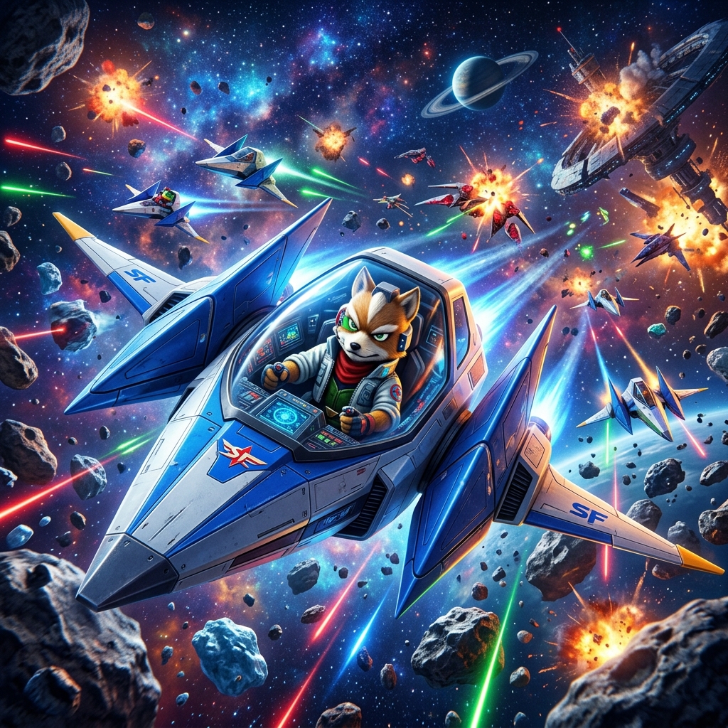 Nave espacial moderna em combate no espaco sideral, remetendo ao universo Star Fox.