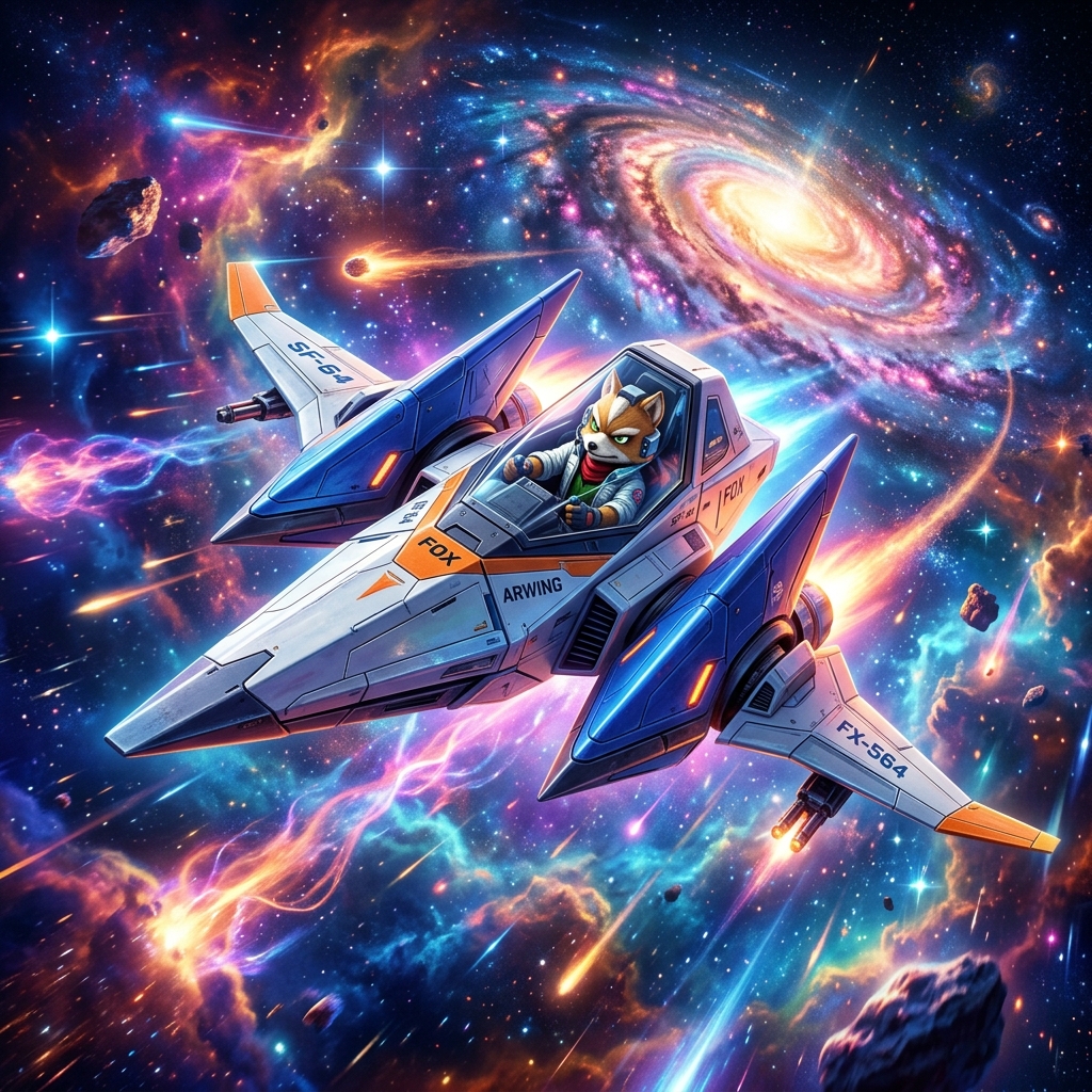 Arwing voando em uma nebulosa espacial vibrante, capa do jogo Star Fox 64 Remake