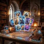 Cartas holográficas flutuando sobre uma mesa, festival de deckbuilders na Steam