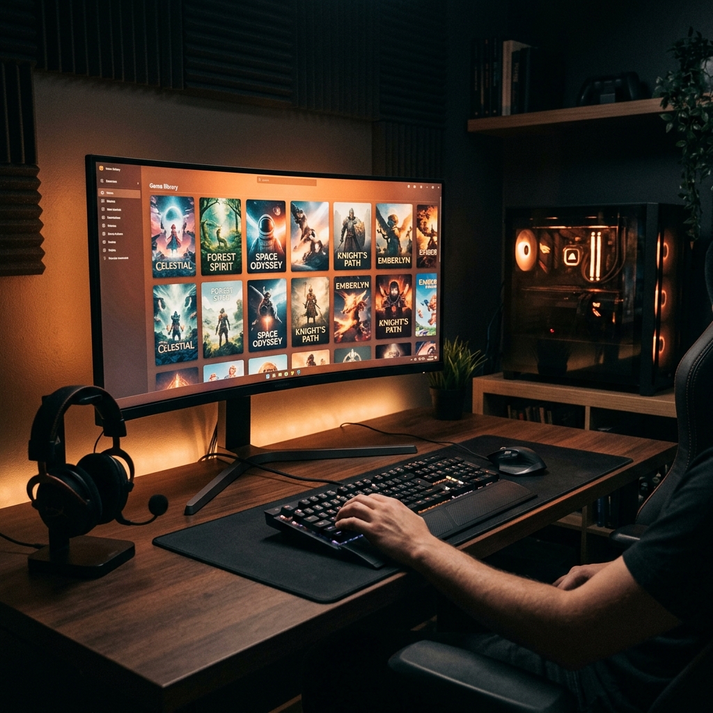 Setup de PC gamer moderno em um quarto com iluminacao suave focando no monitor com a biblioteca de jogos aberta.