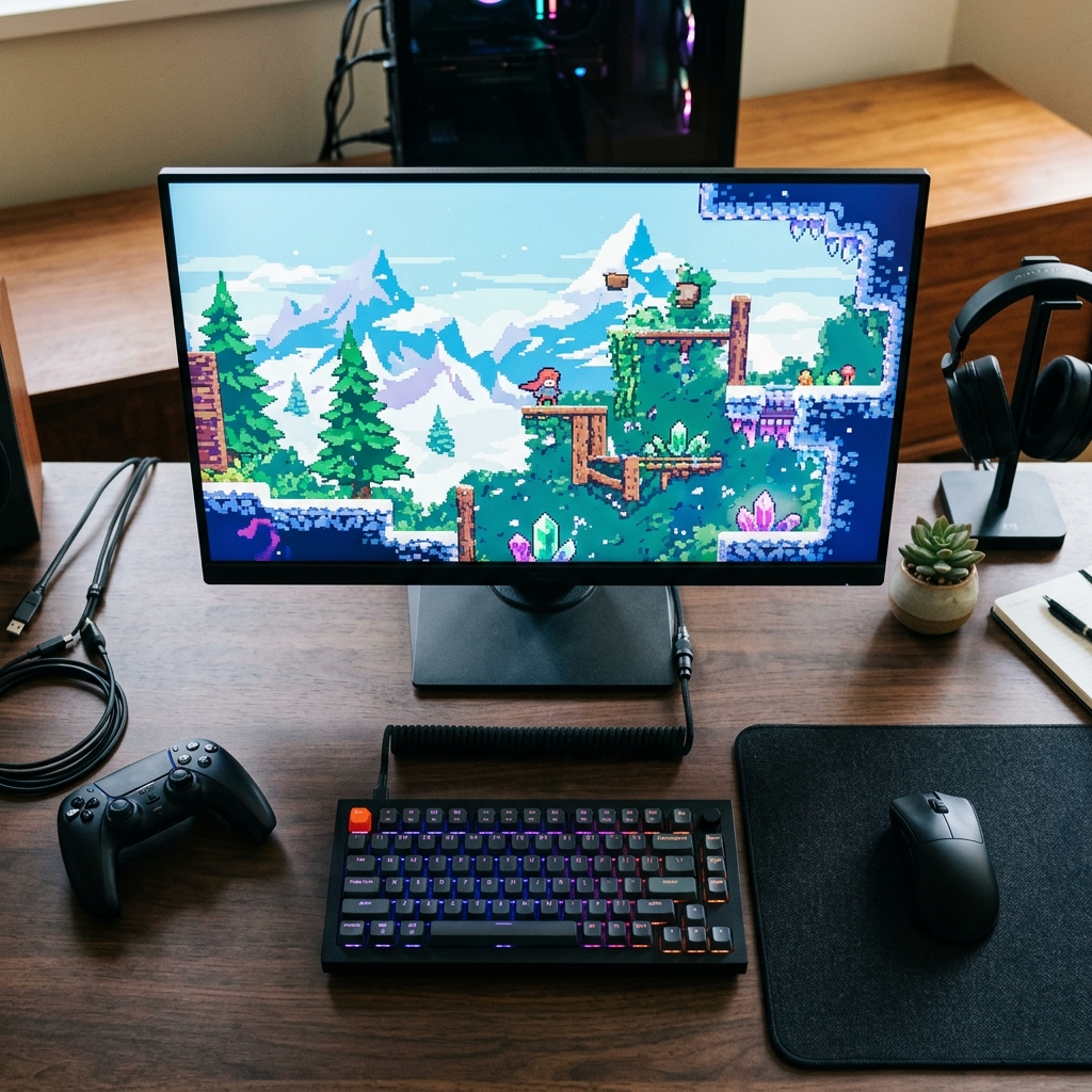Foto editorial de um setup de games moderno com controle e tela mostrando um jogo indie brasileiro vibrante.