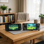 Dois consoles portateis de videogame colocados lado a lado sobre uma mesa de madeira limpa com iluminacao suave.