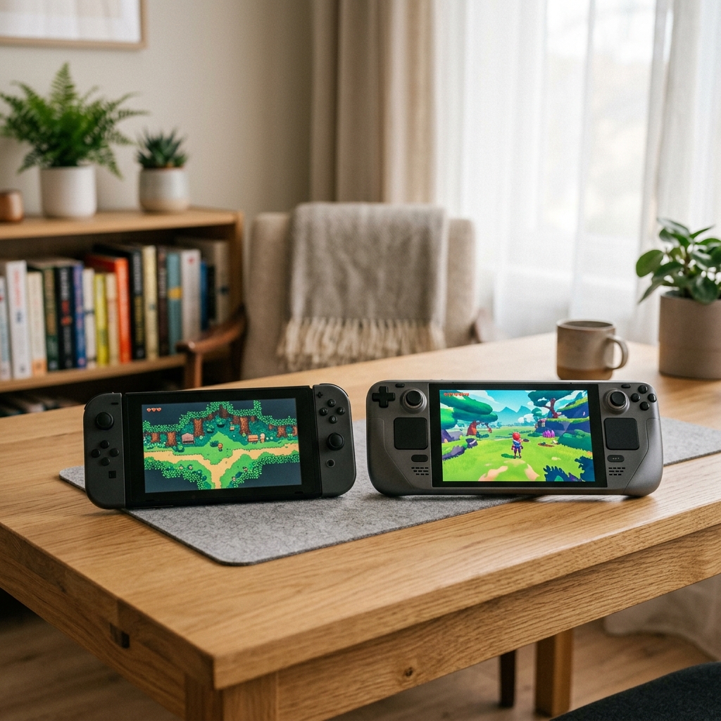 Dois consoles portateis de videogame colocados lado a lado sobre uma mesa de madeira limpa com iluminacao suave.