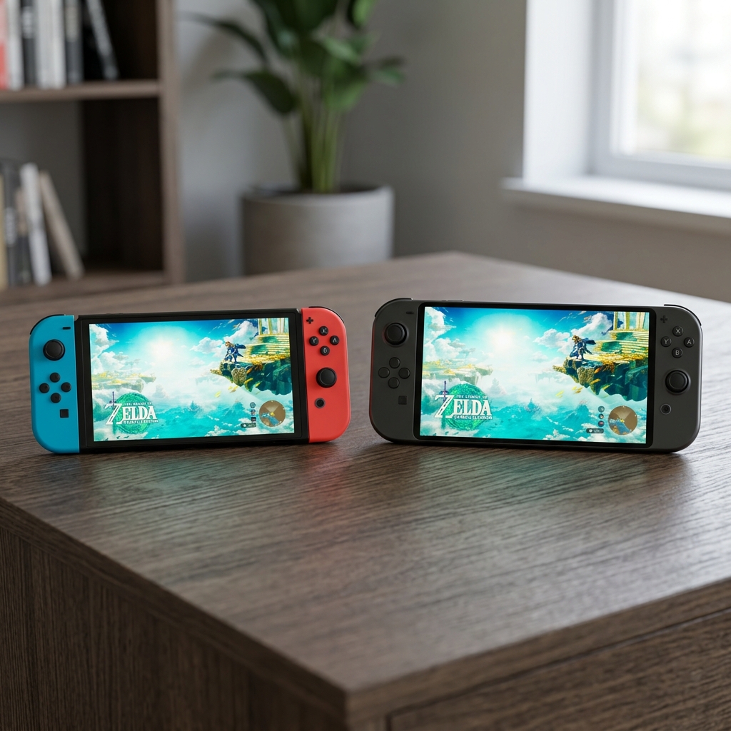 Comparacao lado a lado do Nintendo Switch OLED e um console conceitual do Switch 2, ambos no modo portatil.