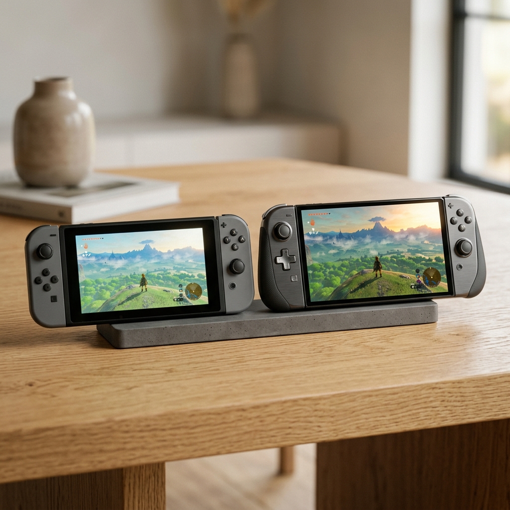 Comparacao lado a lado do Nintendo Switch OLED e um console conceitual do Switch 2, ambos no modo portatil.