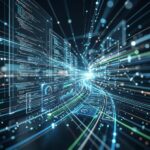 Elementos de design digital abstratos que representam codigo e interface de usuario, transmitindo a ideia de velocidade e eficiencia no desenvolvimento web.