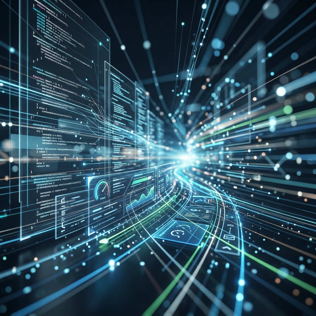 Elementos de design digital abstratos que representam codigo e interface de usuario, transmitindo a ideia de velocidade e eficiencia no desenvolvimento web.