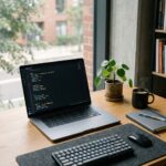 Workspace de um desenvolvedor web com foco em uma tela de laptop exibindo codigos CSS minimalistas e organizados.
