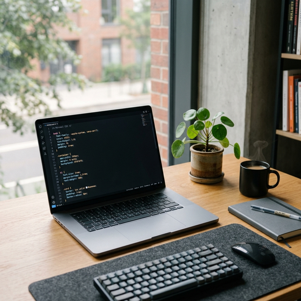 Workspace de um desenvolvedor web com foco em uma tela de laptop exibindo codigos CSS minimalistas e organizados.