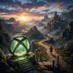 Uma paisagem epica e misteriosa de fantasia, com montanhas e um ceu dramatico, com o logo do Xbox Game Pass em primeiro plano, simbolizando a possivel chegada do jogo ao servico.