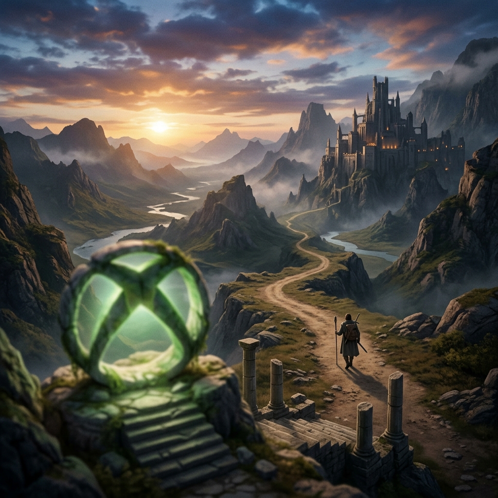 Uma paisagem epica e misteriosa de fantasia, com montanhas e um ceu dramatico, com o logo do Xbox Game Pass em primeiro plano, simbolizando a possivel chegada do jogo ao servico.