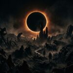 Ilustracao conceitual de uma paisagem alienigena escura sob um eclipse total, no estilo fotografia editorial.