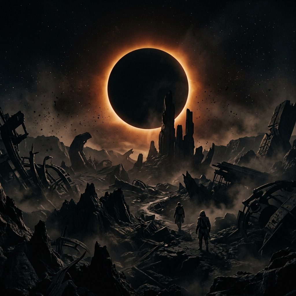 Ilustracao conceitual de uma paisagem alienigena escura sob um eclipse total, no estilo fotografia editorial.