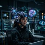 Pessoa interagindo com uma interface cerebral (BCI) sutil, com neuronios brilhantes e um designer trabalhando em um projeto futurista.