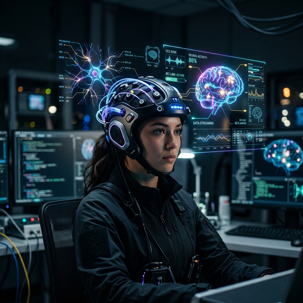 Pessoa interagindo com uma interface cerebral (BCI) sutil, com neuronios brilhantes e um designer trabalhando em um projeto futurista.