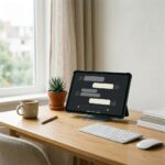 Tablet sobre mesa de madeira exibindo uma interface de chat minimalista com design limpo