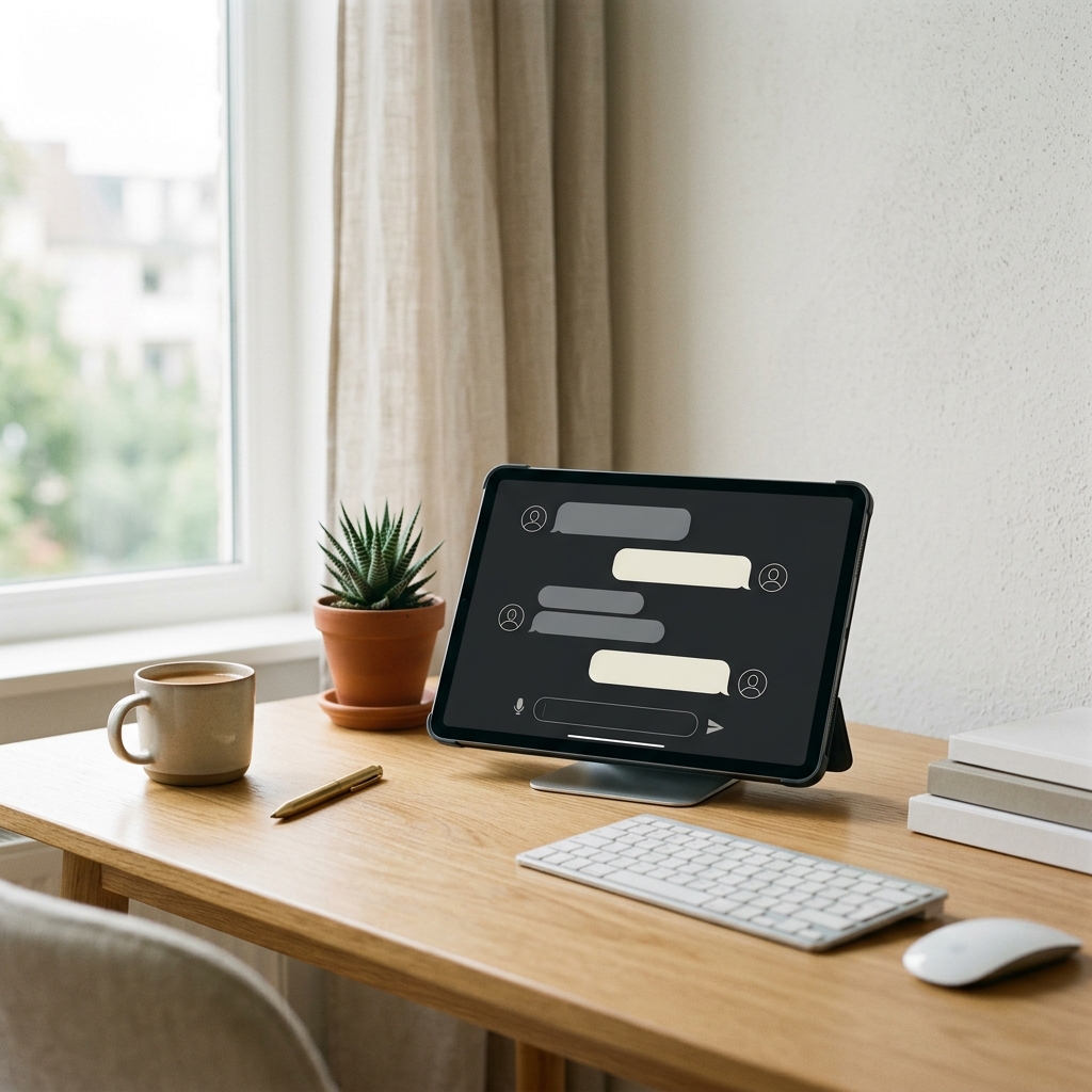 Tablet sobre mesa de madeira exibindo uma interface de chat minimalista com design limpo