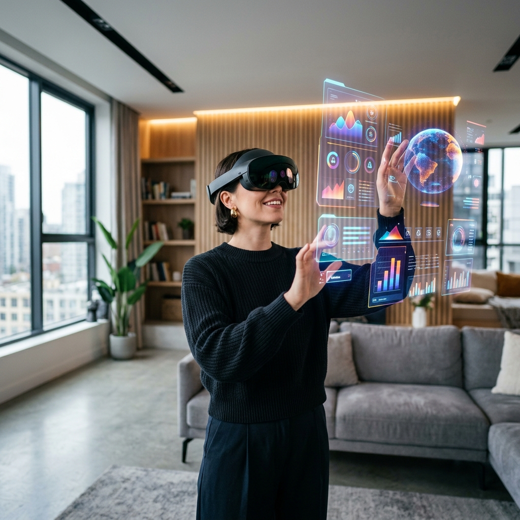 Uma designer usando um oculos de realidade mista para interagir com elementos digitais que se misturam ao ambiente fisico de um escritorio moderno.