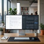 Mesa de trabalho de um designer com monitor mostrando uma interface de usuario dividida entre os modos claro e escuro usando variaveis do Figma.