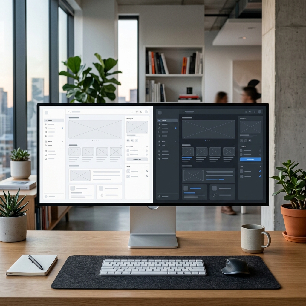 Mesa de trabalho de um designer com monitor mostrando uma interface de usuario dividida entre os modos claro e escuro usando variaveis do Figma.