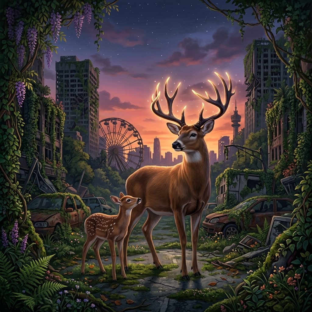 Atmospheric art for Way to the Woods featuring a deer and fawn.