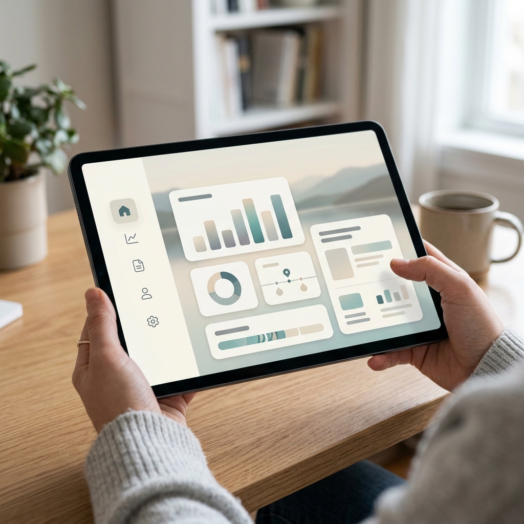 Representacao conceitual de acessibilidade digital em uma tela de tablet com elementos de interface de usuario limpos e modernos, estilo fotografia editorial.