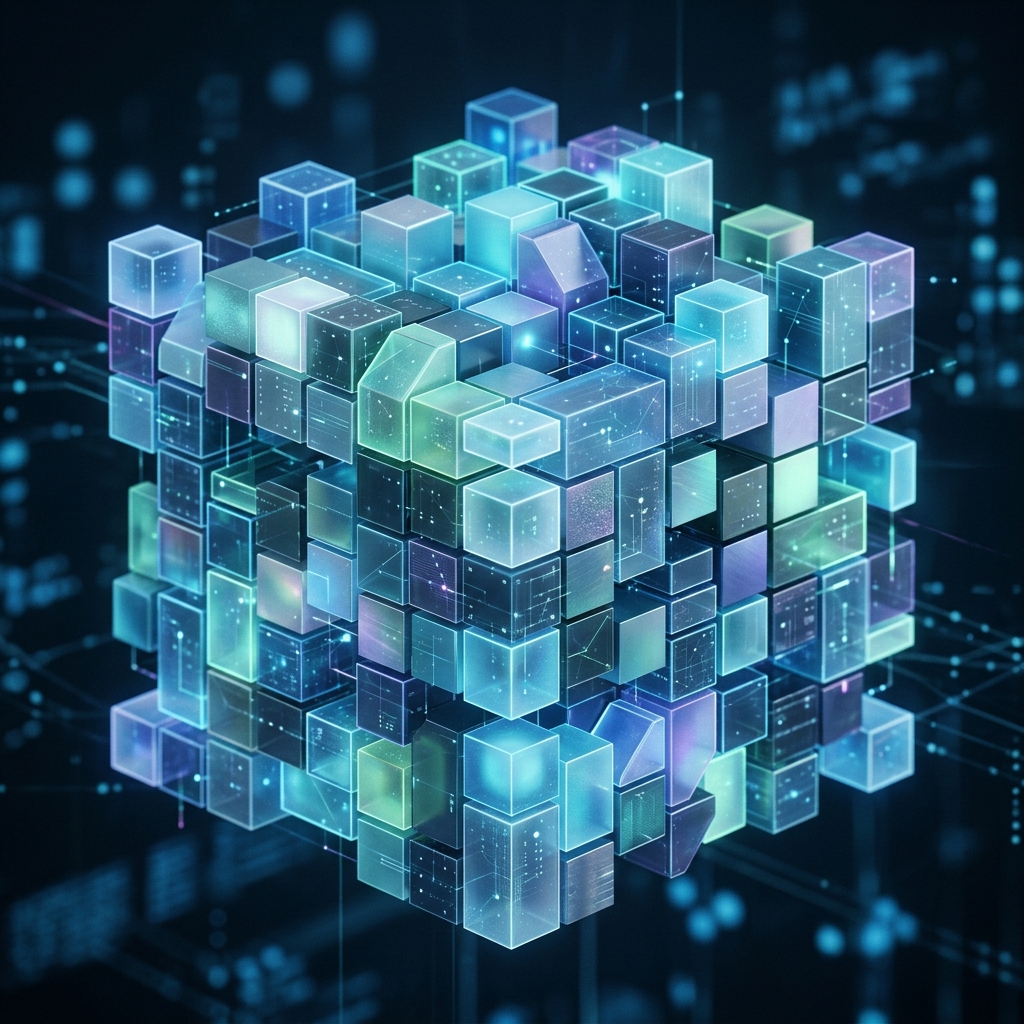 Blocos de construcao digitais abstratos que se encaixam, simbolizando a modularidade e a reusabilidade de componentes em um sistema de design web.