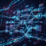 Ilustracao de componentes web se conectando para formar um site rapido e modular, com linhas limpas e elementos de design futuristas.