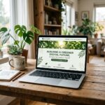 Ilustracao de um data center moderno alimentado por energia renovavel, com servidores e cabos de rede, simbolizando a conexao entre tecnologia e sustentabilidade no web design.