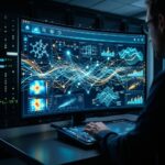 Interface de navegador futurista mostrando graficos 3D complexos e visualizacoes de dados em tempo real, com linhas brilhantes conectando elementos, simbolizando alta performance de computacao.