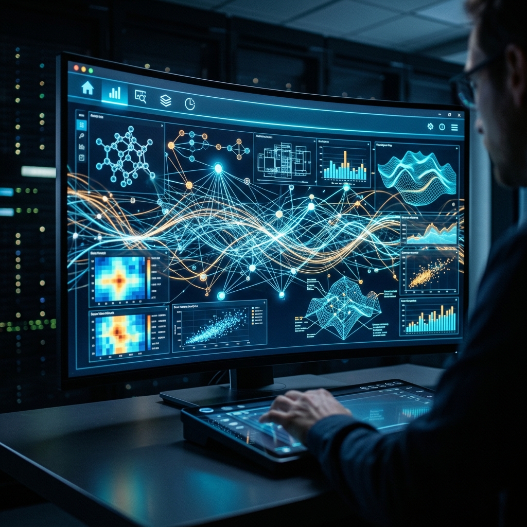 Interface de navegador futurista mostrando graficos 3D complexos e visualizacoes de dados em tempo real, com linhas brilhantes conectando elementos, simbolizando alta performance de computacao.