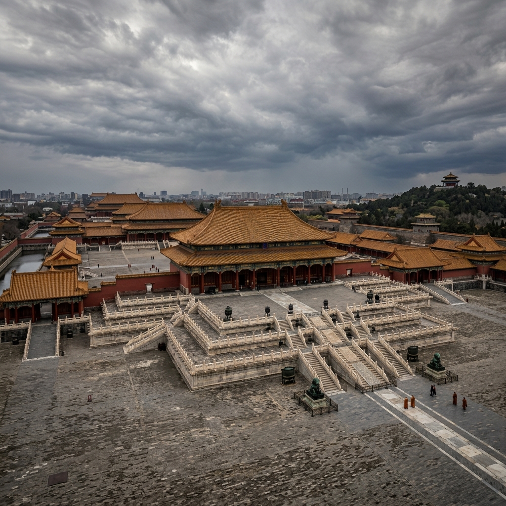 Representacao de um palacio imperial antigo chines com arquitetura detalhada sob um ceu dramatico.