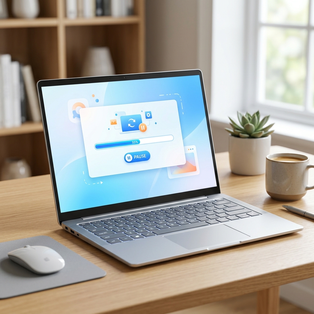 Notebook com tela de configuracao do Windows Update mostrando opcoes de pausa e reinicio em um escritorio domestico
