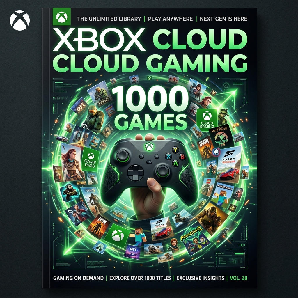 Stunning editorial cover for Xbox Cloud Gaming with 1000 games icons.