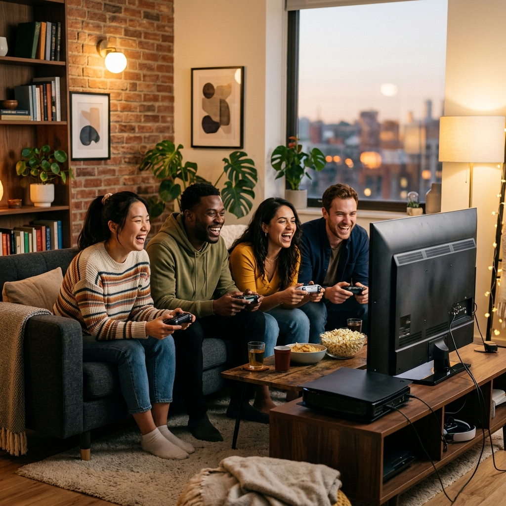 Amigos reunidos na sala jogando videogame com controles na mao, em uma atmosfera descontraida e moderna.